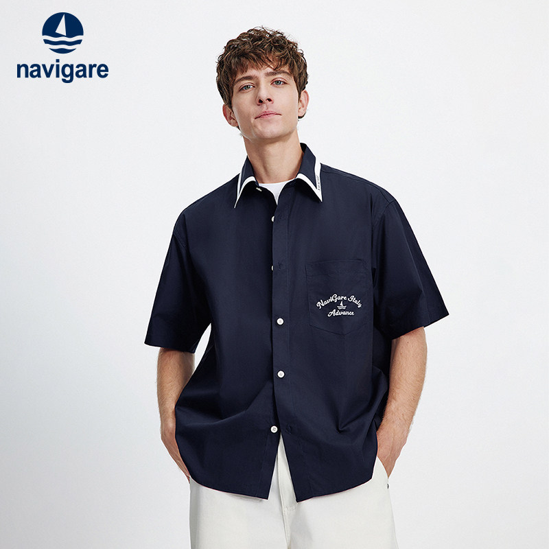 Navigare意大利小帆船宽松短袖棉衬衫男2026夏季新款休闲