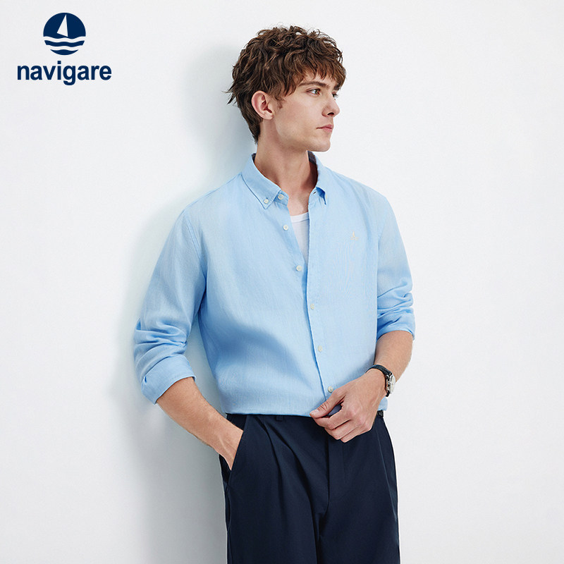 Navigare意大利小帆船老钱风亚麻长袖衬衫男2026春季宽松