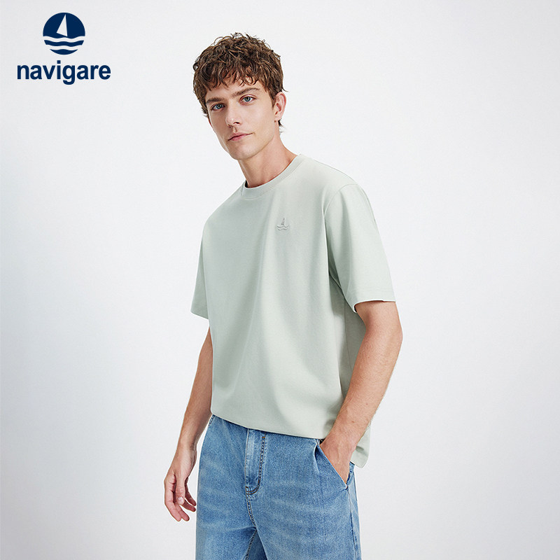Navigare意大利小帆船绿色宽松短袖T恤男2026夏季抗菌圆