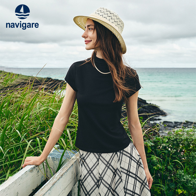 Navigare意大利小帆船黑色短袖T恤女2026春夏通勤高领修