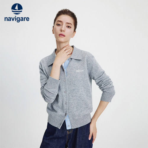 Navigare纯羊毛翻领针织开衫