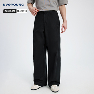 棉麻休闲长裤 新款 男2026春季 Navigare意大利小帆船黑色宽松气球裤