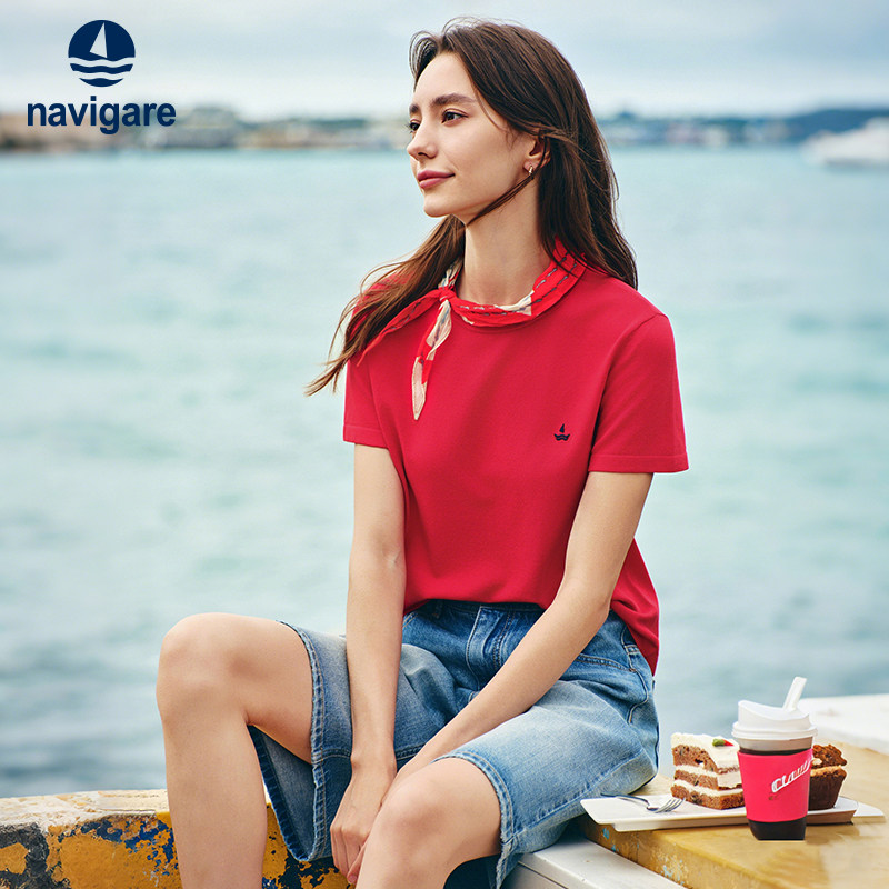 Navigare意大利小帆船纯棉红色短袖T恤女2026夏季百搭圆