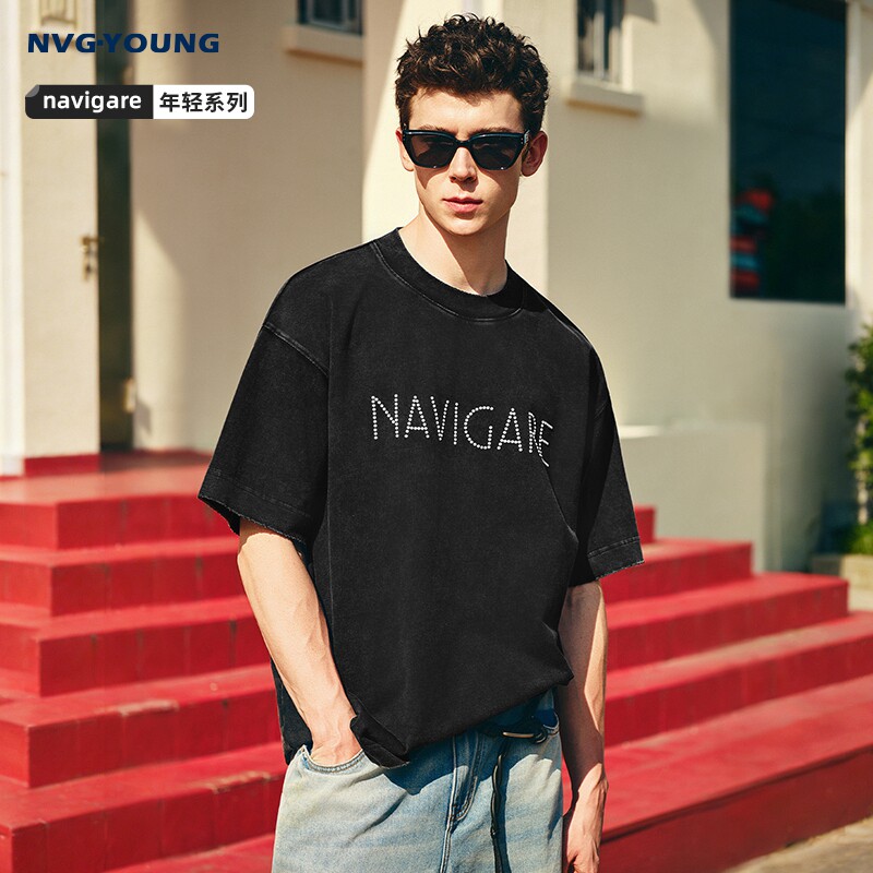 Navigare意大利小帆船黑色宽松短袖T恤男2026夏季纯棉圆