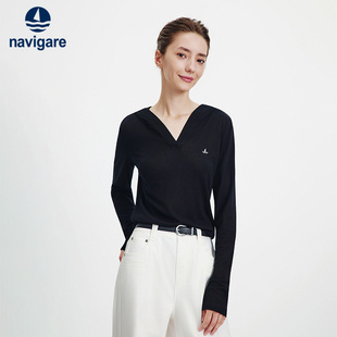 Navigare小帆船黑色V领长袖T恤女士2026春夏休闲套头衫针织上衣