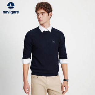 Navigare意大利小帆船蓝色休闲羊绒毛衣男秋冬款 保暖针织打底衫