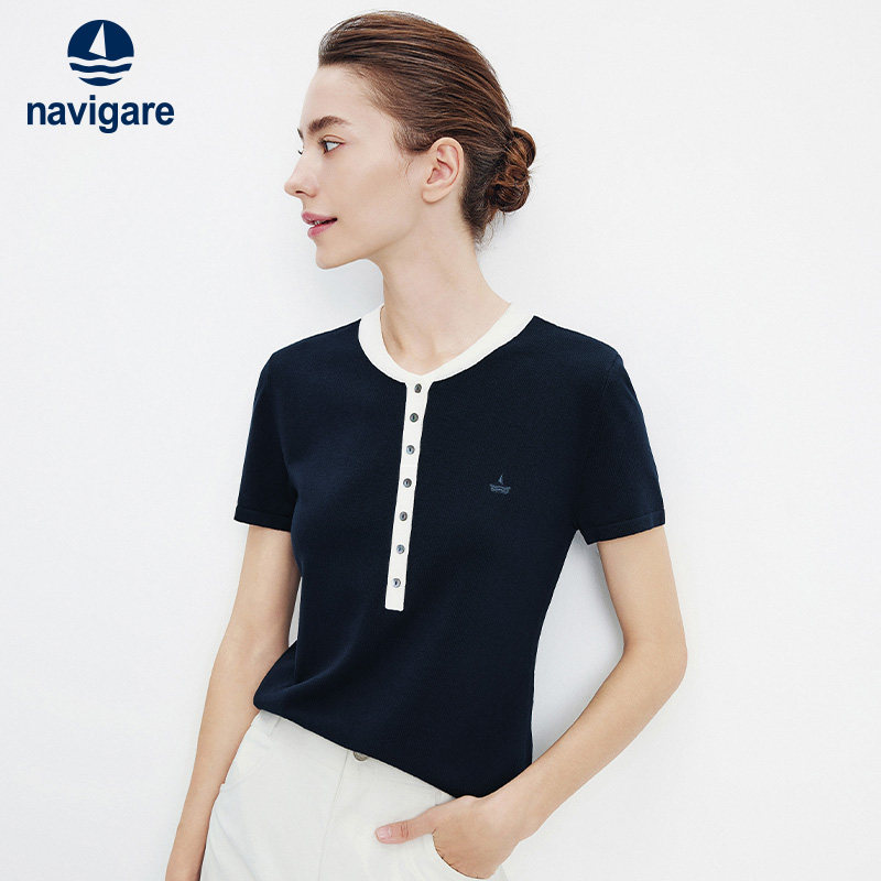 Navigare意大利小帆船弹力针织短袖T恤女2026夏季修身圆