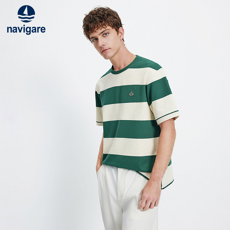 Navigare意大利小帆船圆领短袖T恤衫男2026夏季撞色条纹
