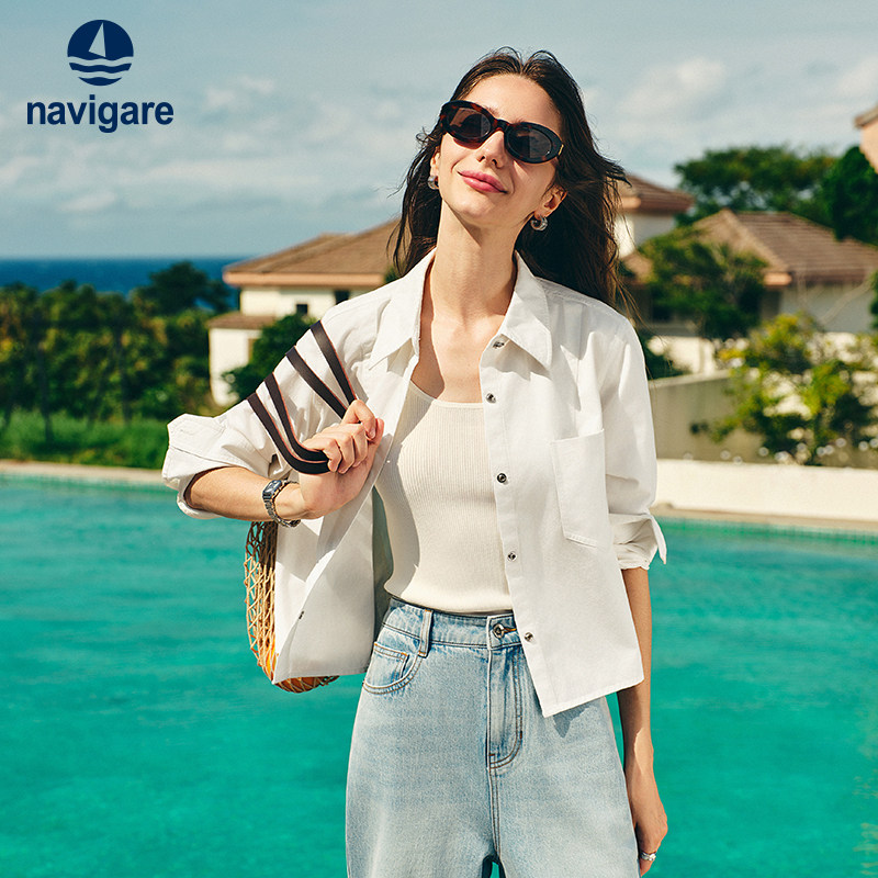 Navigare意大利小帆船白色纯棉衬衫外套女2026春季宽松长