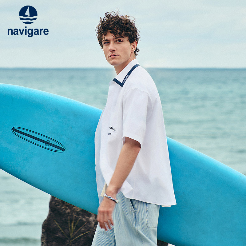 Navigare意大利小帆船白色休闲衬衫外套男2026夏季宽松短