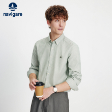 Navigare意大利小帆船绿色条纹长袖衬衫男士春秋季新款牛津纺衬衣