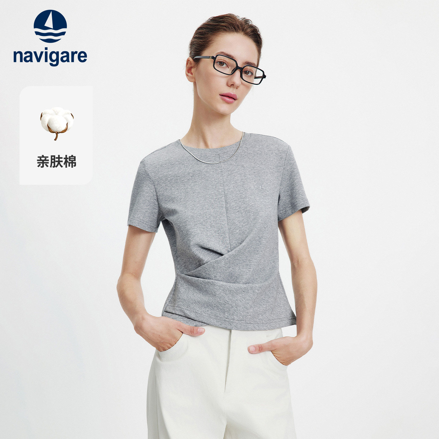 Navigare小帆船灰色休闲圆领短袖T恤女士夏季新款修身百搭体恤衫