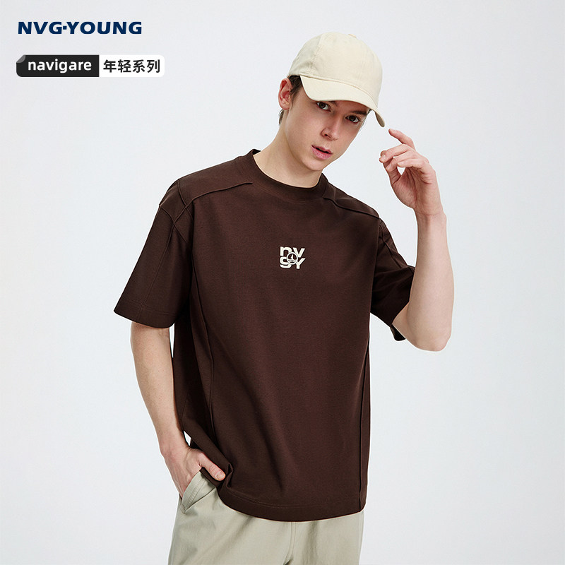 Navigare意大利小帆船棕色宽松短袖T恤男2026夏季抗菌休
