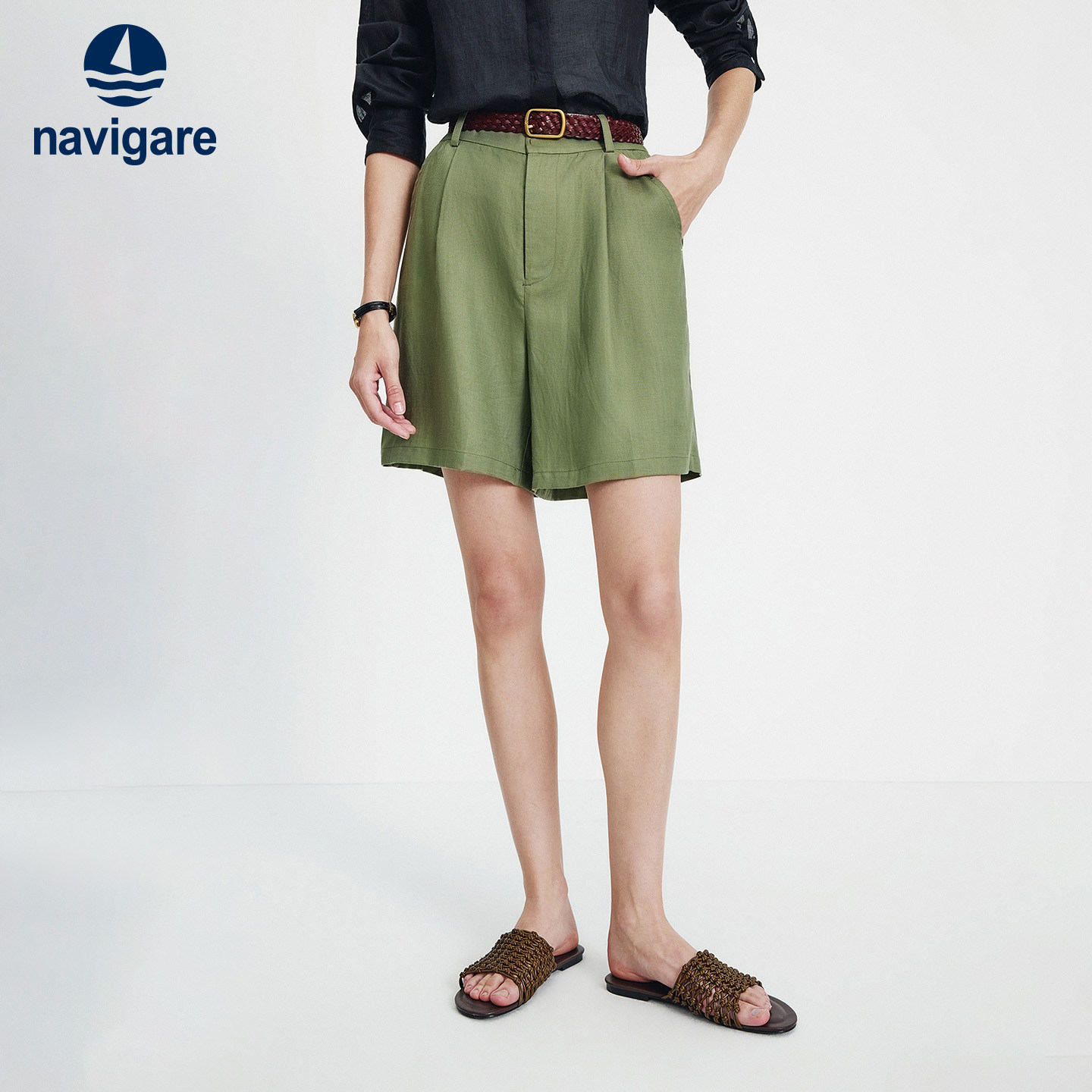 [亚麻]Navigare意大利小帆船绿色休闲裤女2026夏季老钱