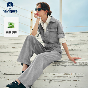 2026春夏灰色连身裤 女阔腿牛仔裤 子 连衣裤 Navigare小帆船复古工装