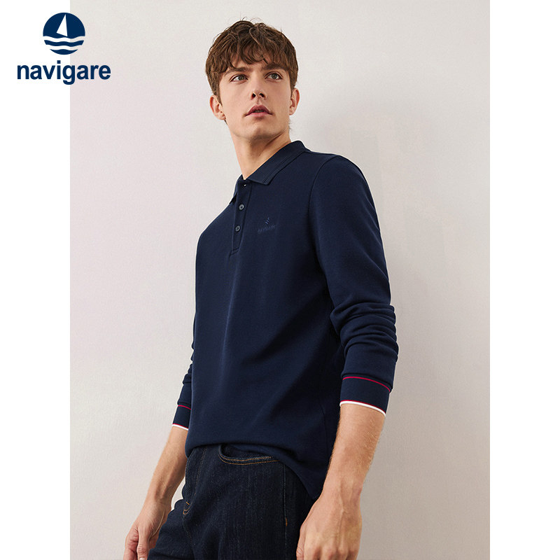 [华夫格]Navigare意大利小帆船黑色长袖polo衫男士纯棉
