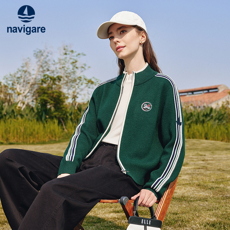 Navigare意大利小帆船半高领羊毛开衫女2025秋季新款通勤