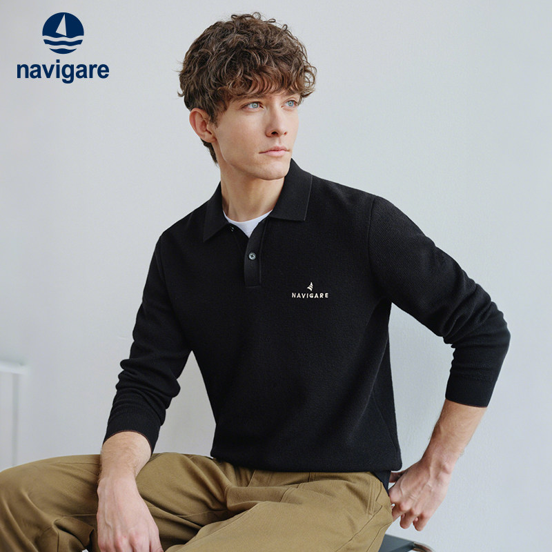 Navigare意大利小帆船纯棉针织衫男士2026春季新品黑色长