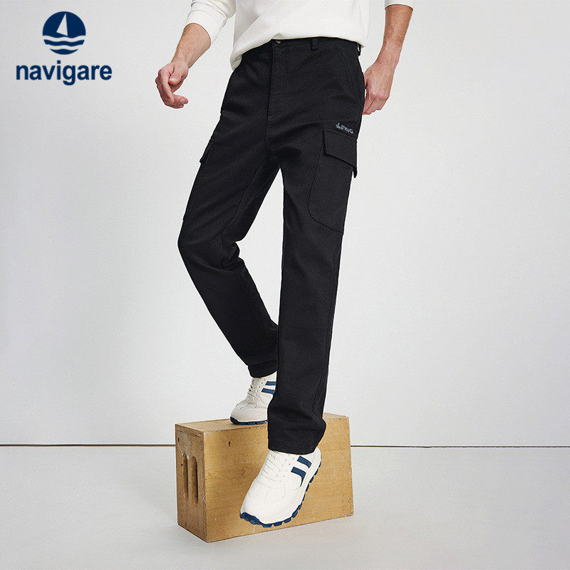 Navigare意大利小帆船黑色直筒工装裤男25秋冬新品磨毛时尚