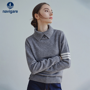 Navigare意大利小帆船精纺羊毛高弹针织衫 翻领休闲毛衣 女秋冬新款
