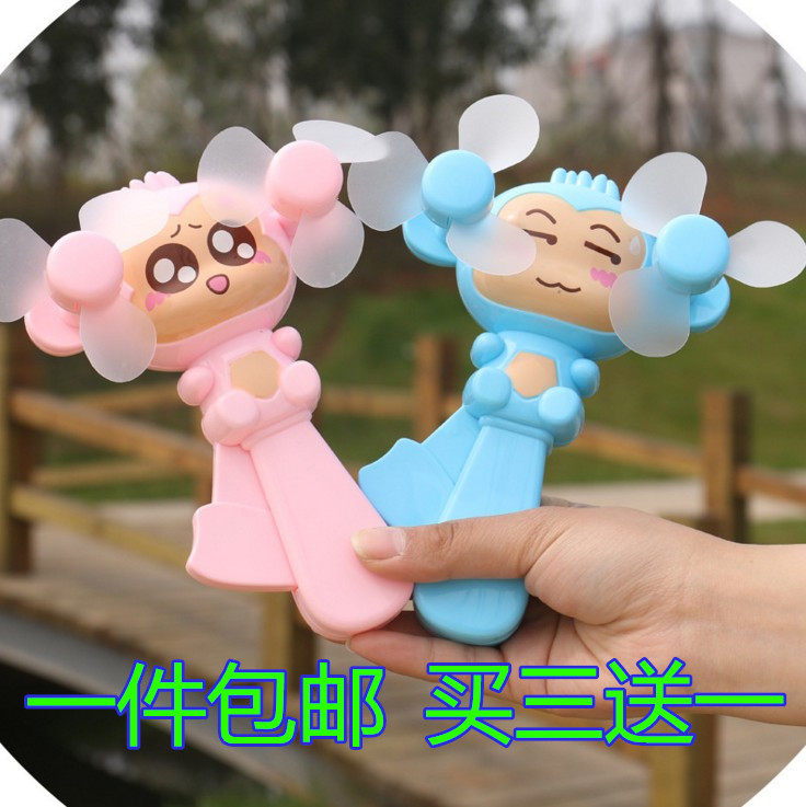 卡通猴双扇头塑料创意儿童幼儿园礼物赠品掌上手动迷你手压小风扇