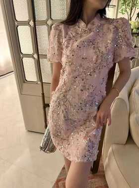 欧洲站2024夏季v+.com立领国风重工亮片连衣裙时尚短袖旗袍89506