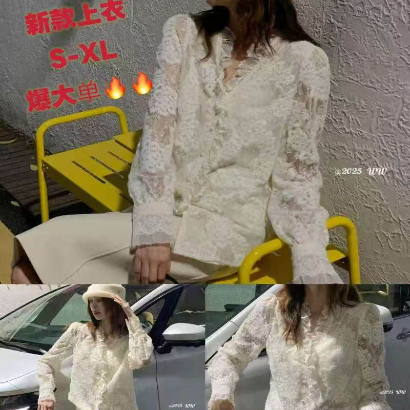 欧洲站2025秋冬女蕾丝衫减龄衬衫