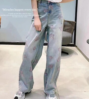 刺绣蝴蝶2024春显瘦牛仔阔腿裤