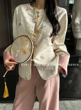 欧洲站2024春新V+.com复古国风盘扣提花圆领长袖外套女唐装20757