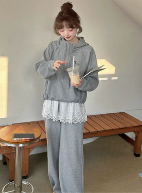 【HT1033】连帽卫衣套装宽松休闲小个子蕾丝花边拼接阔腿裤2025