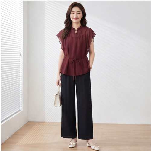HT1096-2026春新款酒红上衣黑色阔腿裤套装女显瘦气质两件套时尚