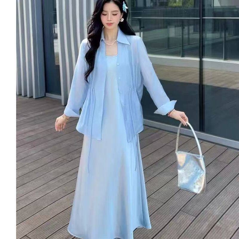 HT1021套装女两件套春秋韩版时尚2026新款显瘦收腰衬衫吊带连衣裙