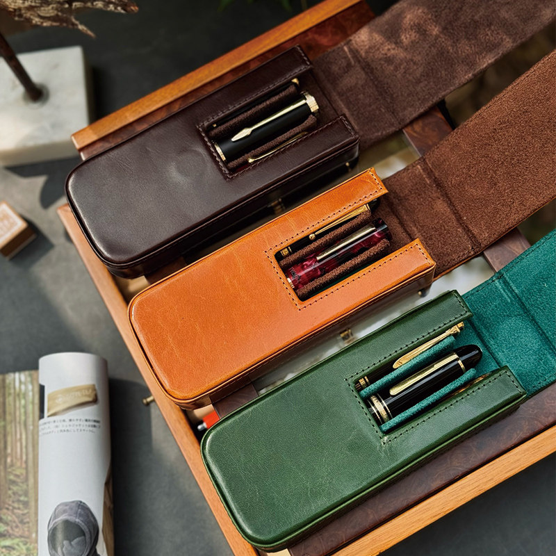 MOZE新品 真皮抽拉笔包钢笔收纳套保护盒头层牛皮三支装笔袋笔套