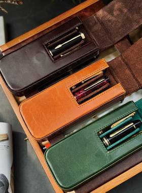 MOZE新品 真皮抽拉笔包钢笔收纳套保护盒头层牛皮三支装笔袋笔套