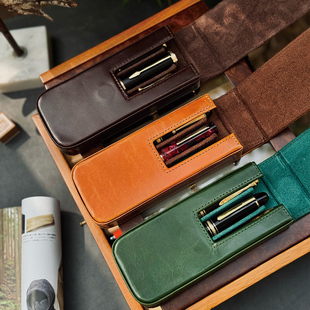 MOZE新品 真皮抽拉笔包钢笔收纳套保护盒头层牛皮三支装笔袋笔套