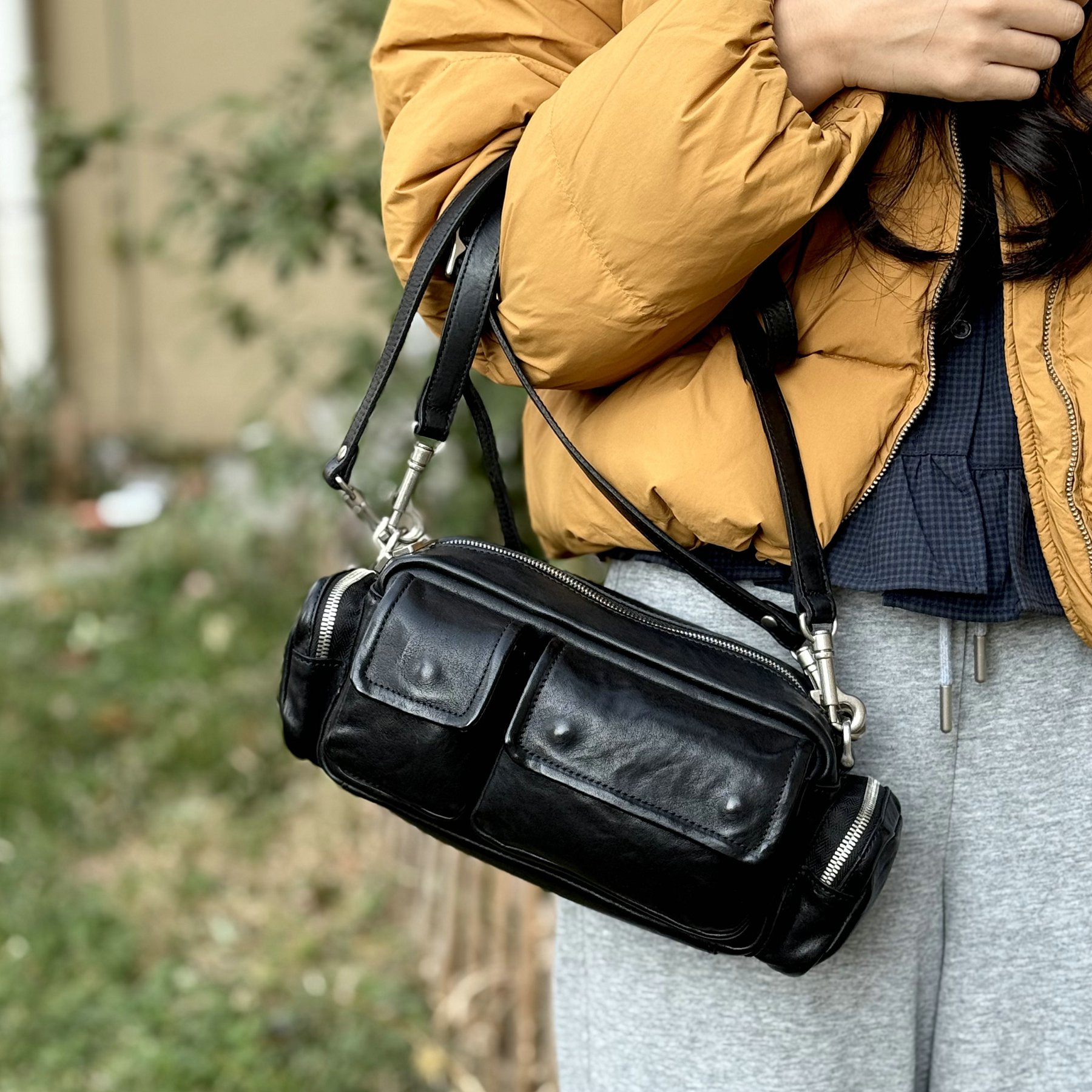 MOZE 复古头层牛皮多口袋机车包真皮腋下法棍包单肩斜挎包