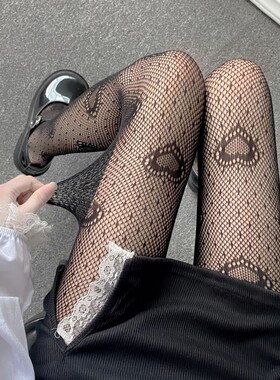 日系jk黑色个性爱心图案渔网袜辣妹黑丝袜欧美网红性感显瘦