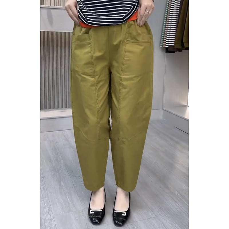 抖音福泽绵长夏新款时尚百搭宽松松紧腰大口袋休闲九分哈伦裤010