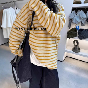 2025春季新品加厚保暖亲肤软fufu条纹中长款T恤女宽松慵懒打底衫