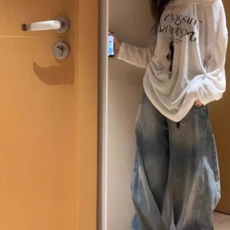 韩系宽松慵懒风白色微透斜肩防晒罩衫T恤女夏季chic高级感上衣潮