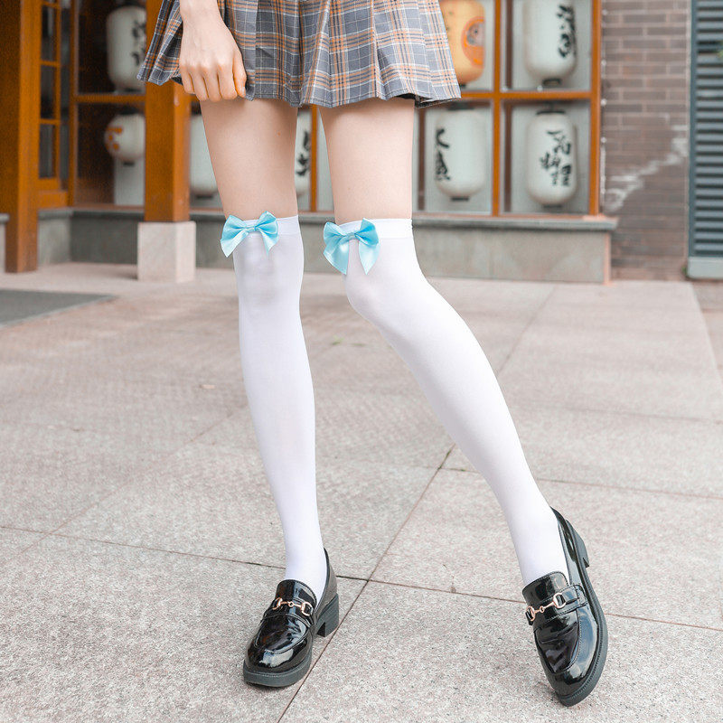 日系长筒lolita丝袜 蝴蝶结白色性感女士情趣大腿袜 天鹅绒高筒