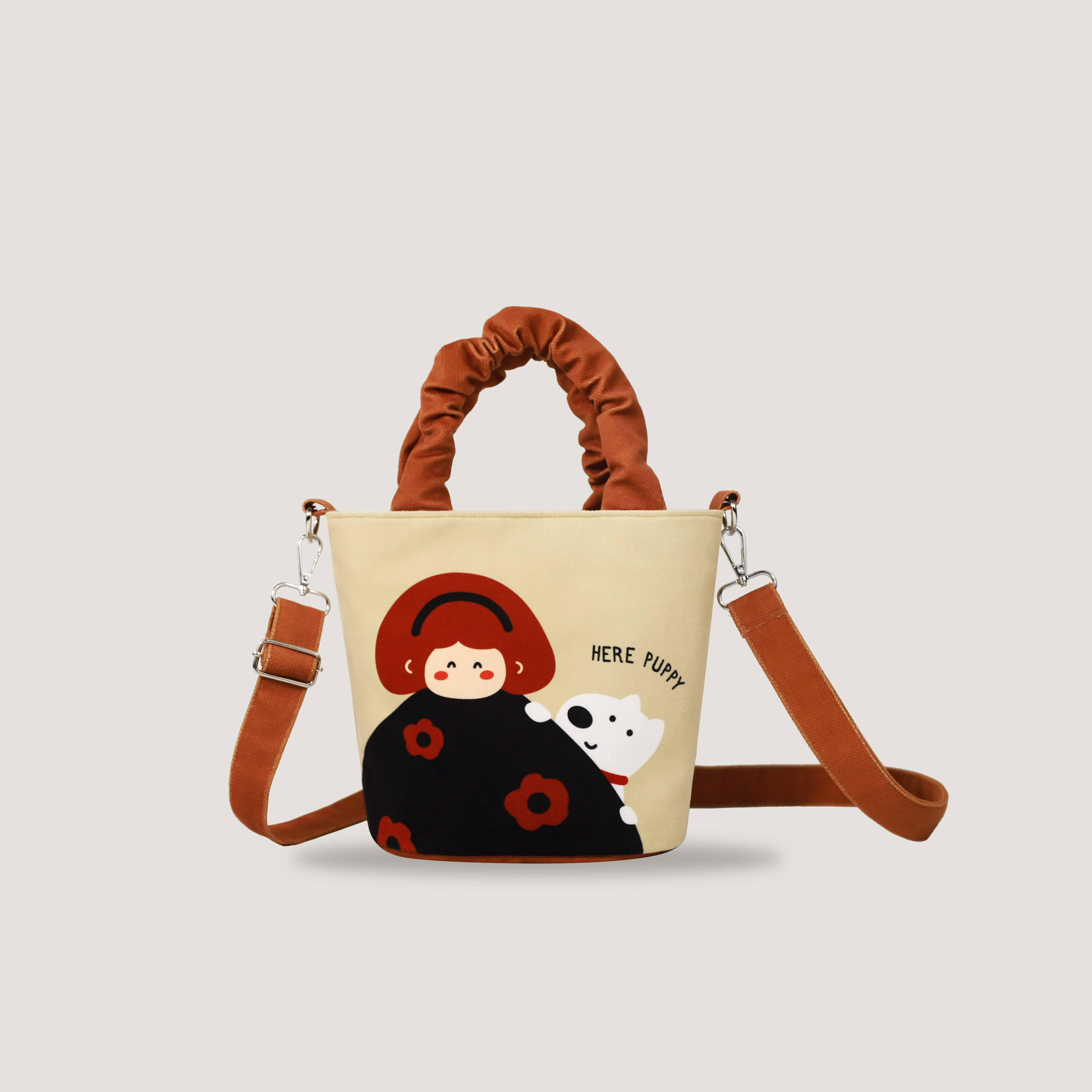 原创可爱趴肩小狗印花百搭通勤单肩可斜挎手拎包手提袋水桶帆布包