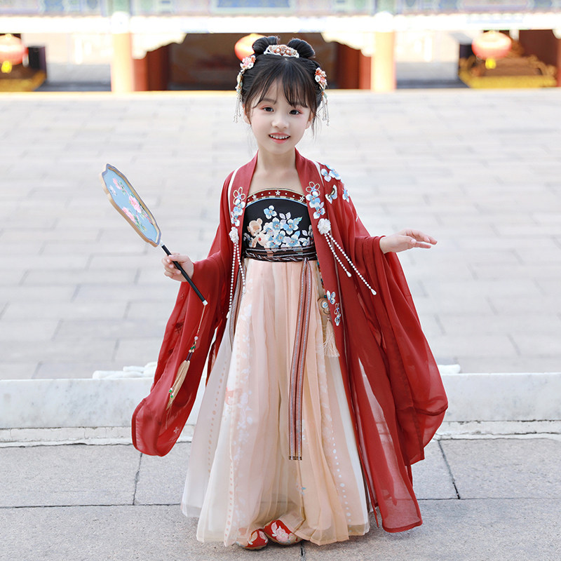 初立改良汉服女童装亲子秋季小小熊吊带裙儿童汉服连衣裙大袖衫