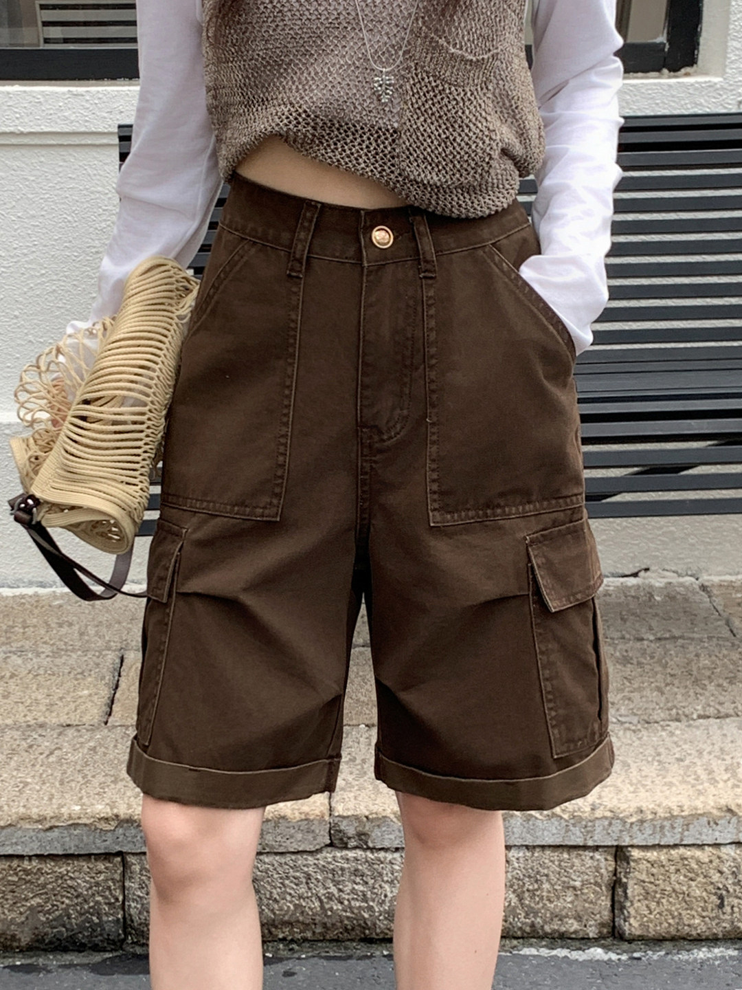 卡其色工装风五分裤女夏宽松显瘦百搭多口袋牛仔短裤