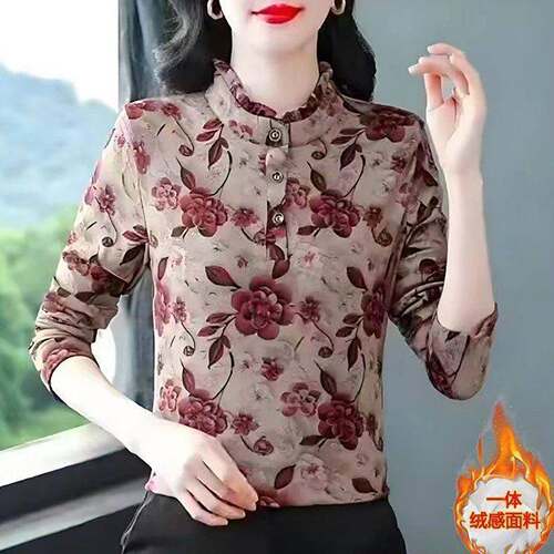 名佳怡女装保暖花边领打底衫女士加绒加厚妈妈装新款百搭上衣