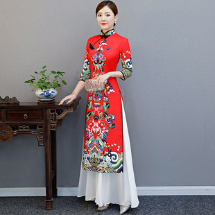 2024新款走秀新品长款演出改良奥黛两件套中国风越南正宗旗袍连衣