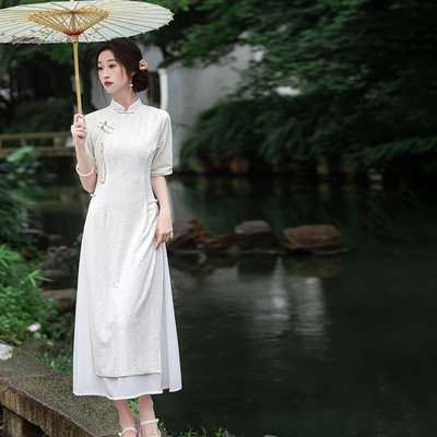 2025新款新中式旗袍夏季改良轻款白色订婚连衣裙高端气质