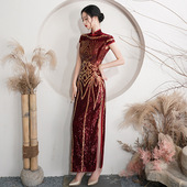 红色亮片丝绒国风中式 长款 改良旗袍年轻款 2025新款 女复古修身 舞台