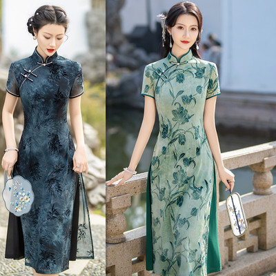 2025新款奥黛旗袍连衣裙中国风夏季青色年轻款走秀日常可穿中