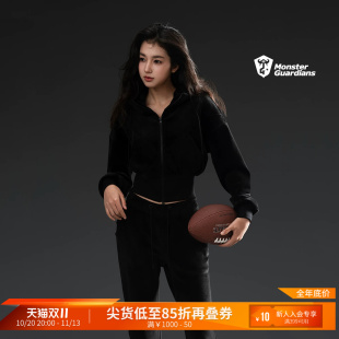 Monster Guardians女子秋冬天丝绒连帽拉链外套修身微喇长裤套装